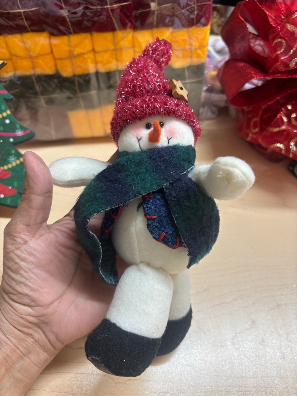 Plush Snowman Doll with Red Knit Hat and Green Plaid Scarf - Kids Toys